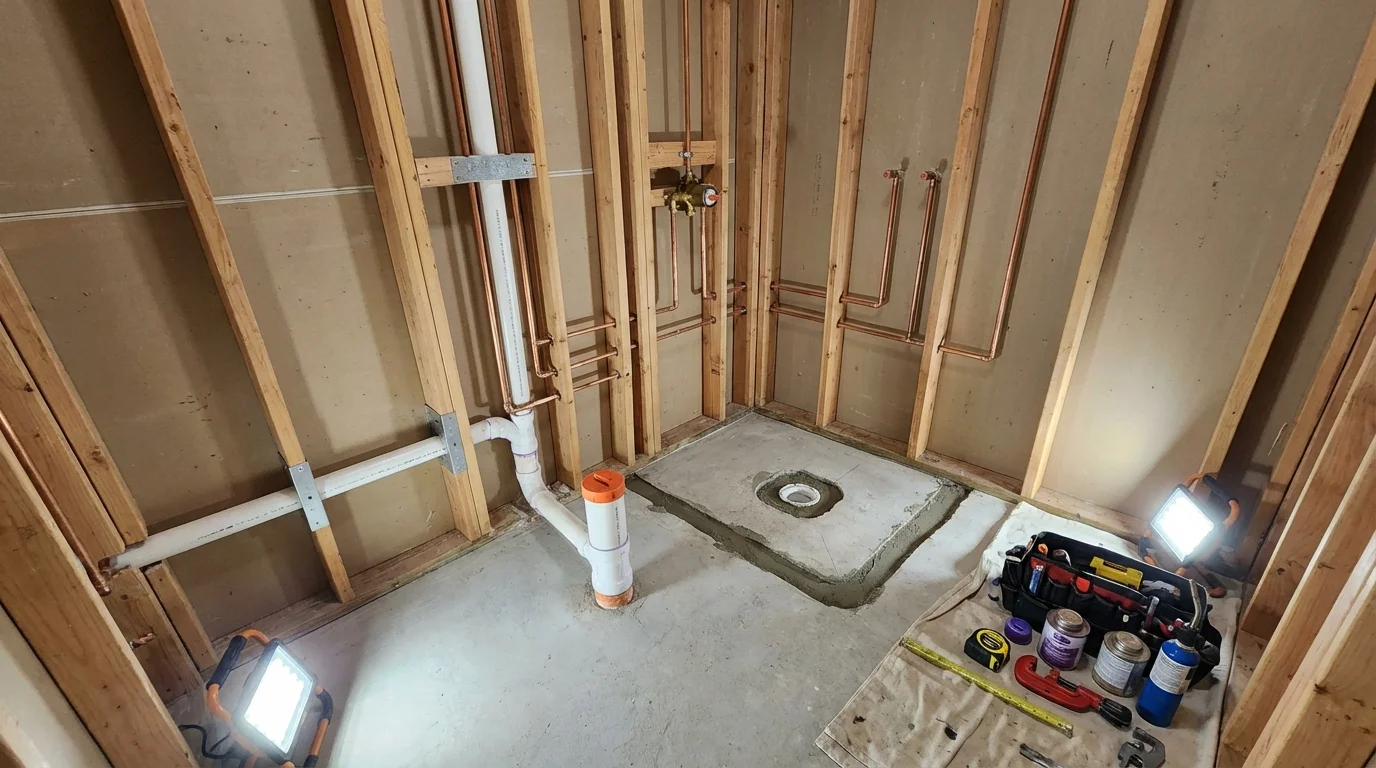 Bathroom rough-in plumbing during remodel by Johns Plumbing LLC in Nesconset