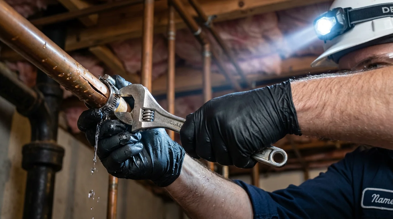Emergency pipe clamp repair being performed by a Johns Plumbing LLC plumber in Nesconset