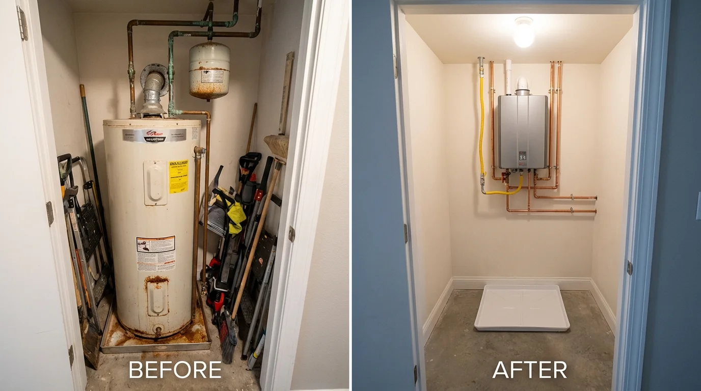 Tank water heater versus wall-mounted tankless unit comparison for Nesconset, NY homeowners