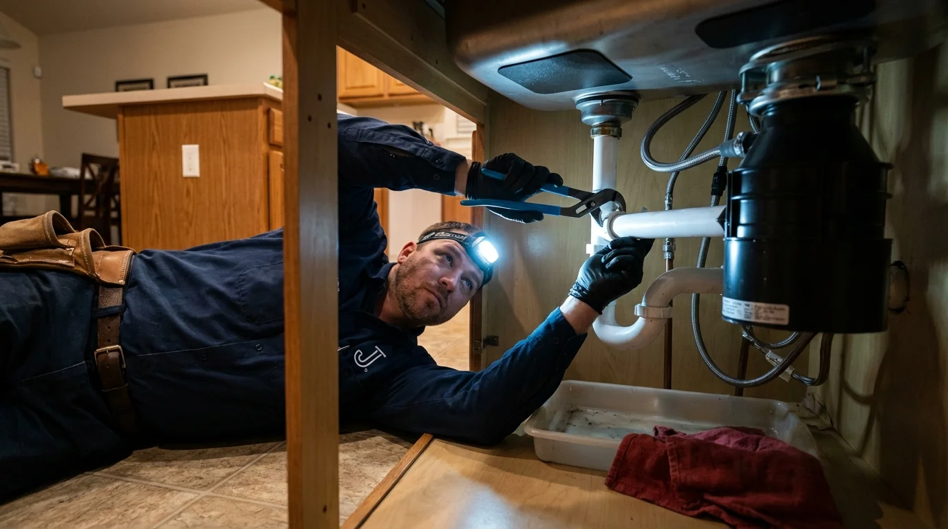 P-trap and supply line connections under a kitchen sink showing a common leak point in Nesconset, NY